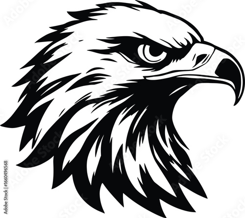 A black and white graphic illustration of an eagle head with sharp features and intense gaze vector