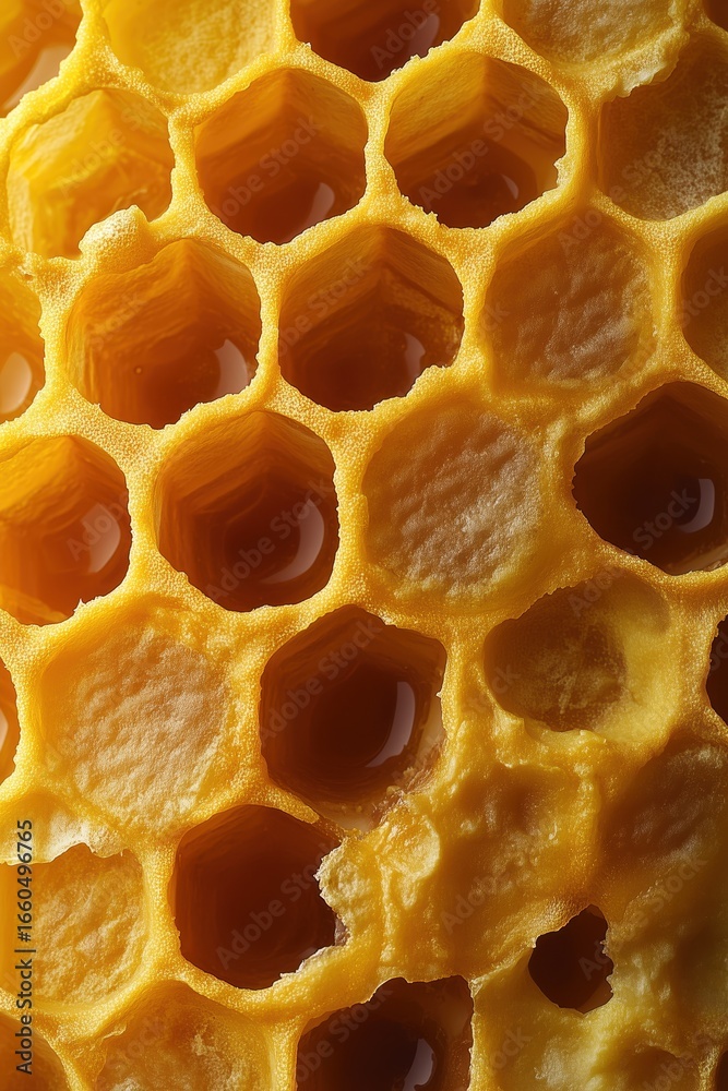 Close-up of golden honeycomb cells filled with sweet honey and illuminated by warm light Close-up of golden honeycomb cells filled with sweet honey and illuminated by warm light