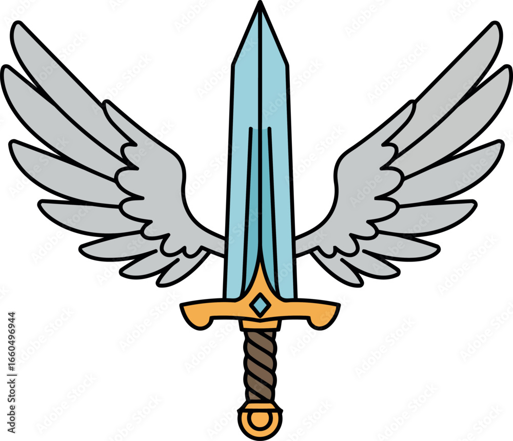 Fototapeta premium Angel sword emblem symbol warrior winged weapon fantasy game icon heraldry vector
