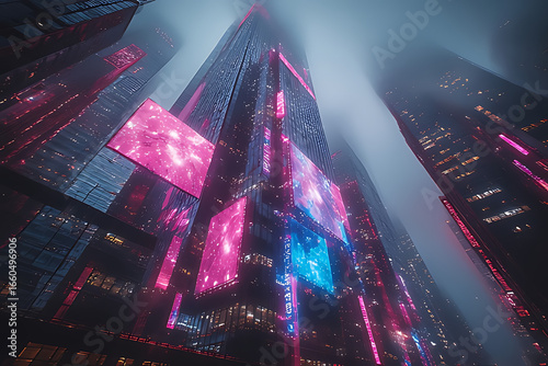 Stunning futuristic cityscape with vibrant neon lights illuminating towering skyscrapers on a foggy night