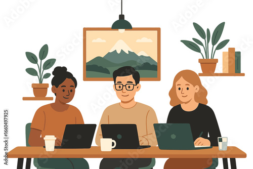 Diverse team collaborates on laptops in a modern co-working space, illustrating productive remote work and digital communication