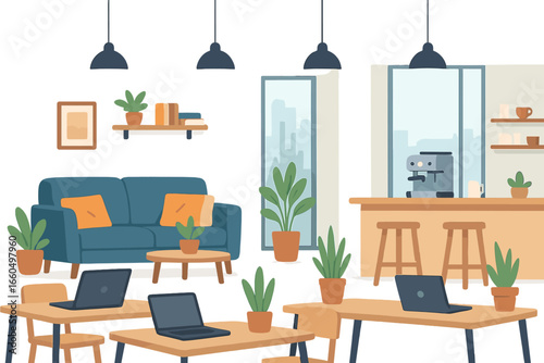 A contemporary shared office environment featuring stylish workstations, laptops, plush seating, and a chic coffee area that fosters a productive and welcoming ambiance