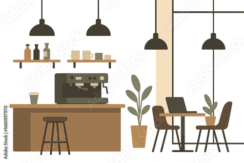 Modern office featuring a welcoming coffee area and efficient workspaces that are filled with plenty of natural light and lush greenery