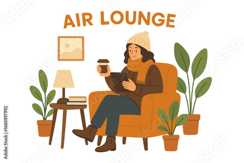 A woman relaxes with coffee while working remotely in a sleek, modern airport lounge setting