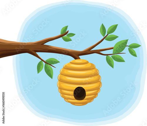 Swarm beehive hanging on branch illustration nature wildlife apiary concept vector