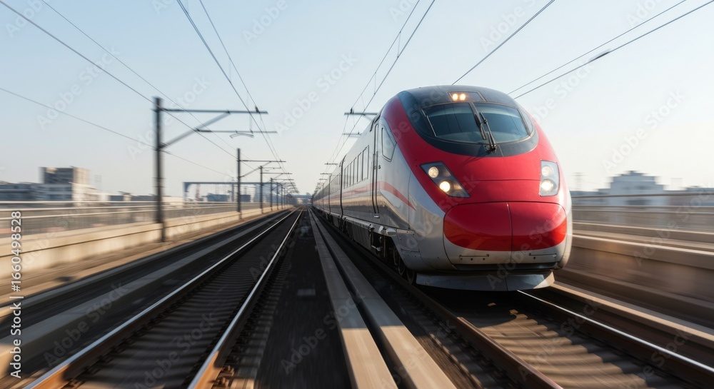 Fototapeta premium High-Speed Train on Modern Tracks, Italian Design, Daylight Journey.