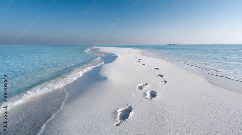 Obraz premium Footprints in the sand on a tropical beach leading to the ocean