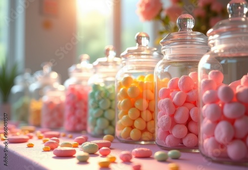 vibrant assorted pastel candies elegant glass jars colorful confectionery display delightful treats, sweets, design, bulk, container, textures, reflection