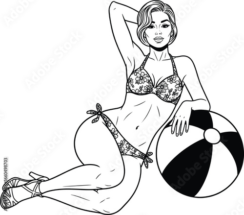 Pin‑Up Beach Girl in Bikini with Beach Ball – Summer Vintage Vector Illustration
