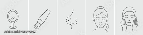 Facial Cleansing and Pore Care Line Art Icon Set, Collection of Blackhead Removal and Skincare Routine Outlines, Includes Mirror and Extractor Tool Symbols, Modern Vector Graphics for Dermatology.