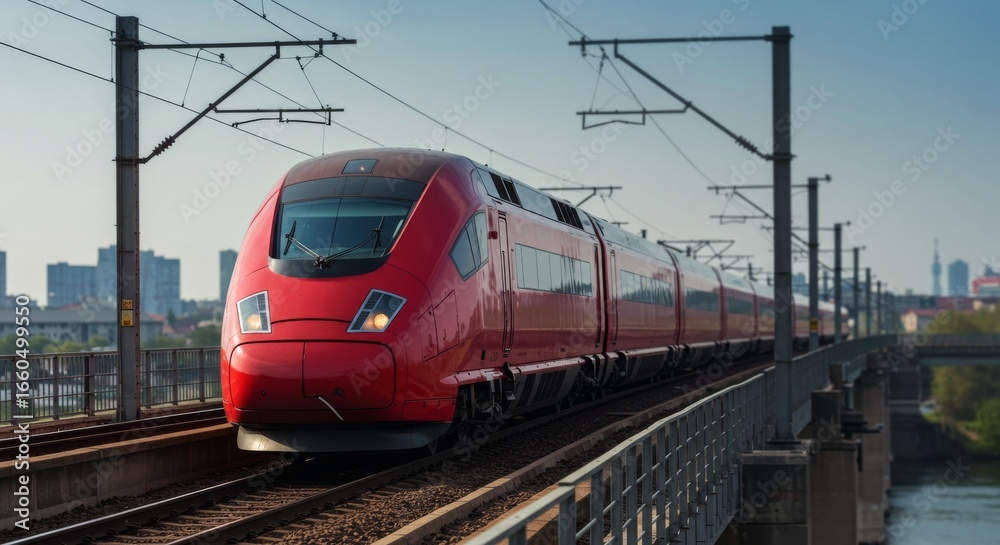 Fototapeta premium Sleek Red High-Speed Train Crossing a Steel Bridge with a City Skyline.