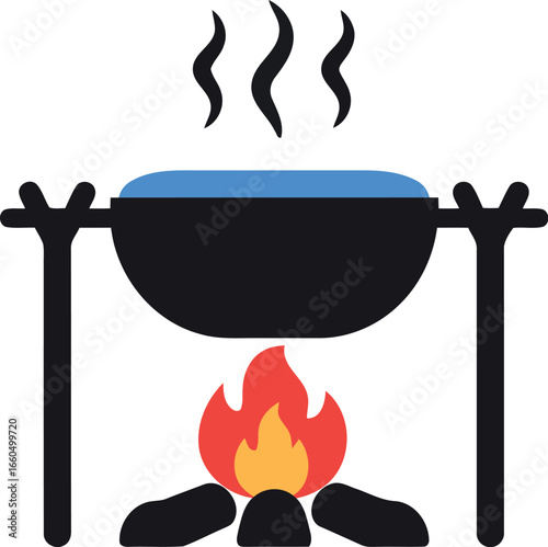 Campfire cooking cauldron hot meal preparation outdoor adventure vector