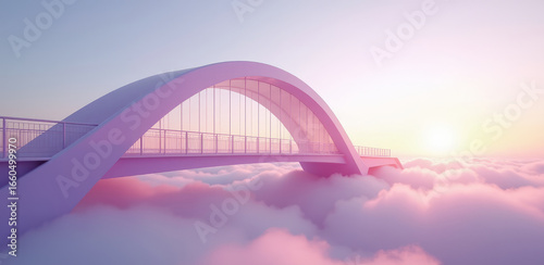 Futuristic transparent pastel bridge suspended above clouds. Hazy lavender sunlight filters across curved glass panels. Dreamlike surreal architecture.