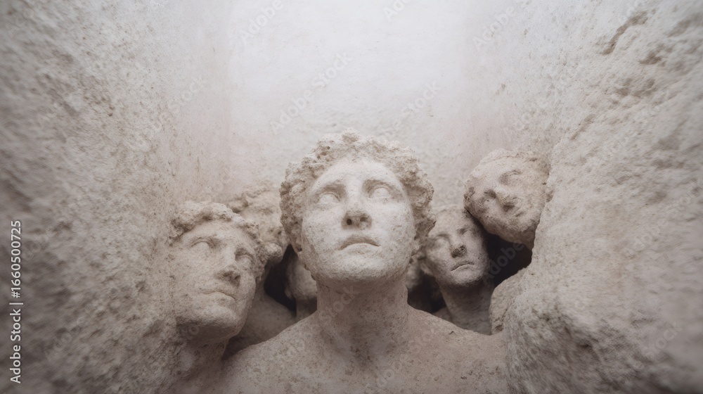 Fototapeta premium Ancient Roman sculpture unearthed during archaeological excavation. Three marble heads emerging from soil. Historical artifact discovery for museum exhibition or research.