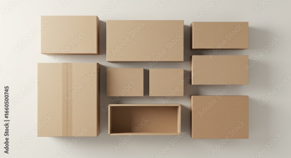 Obraz premium Minimalist Top-Down View of Neatly Arranged Cardboard Boxes, One Open and Empty.