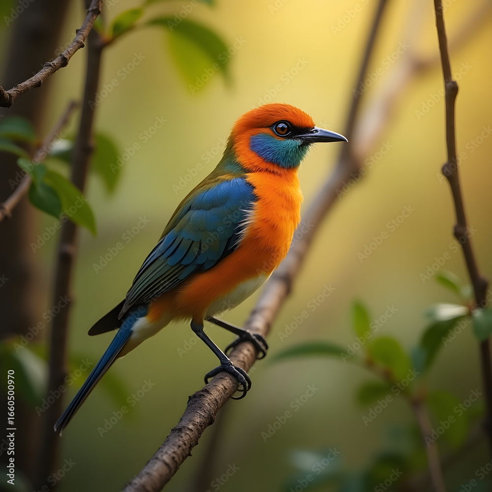 Obraz premium Colorful Bird Perched on Branch with Vibrant Orange and Blue Feathers