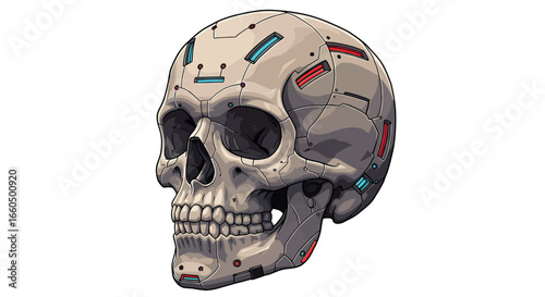 Futuristic cybernetic skull with technological elements and vibrant accents