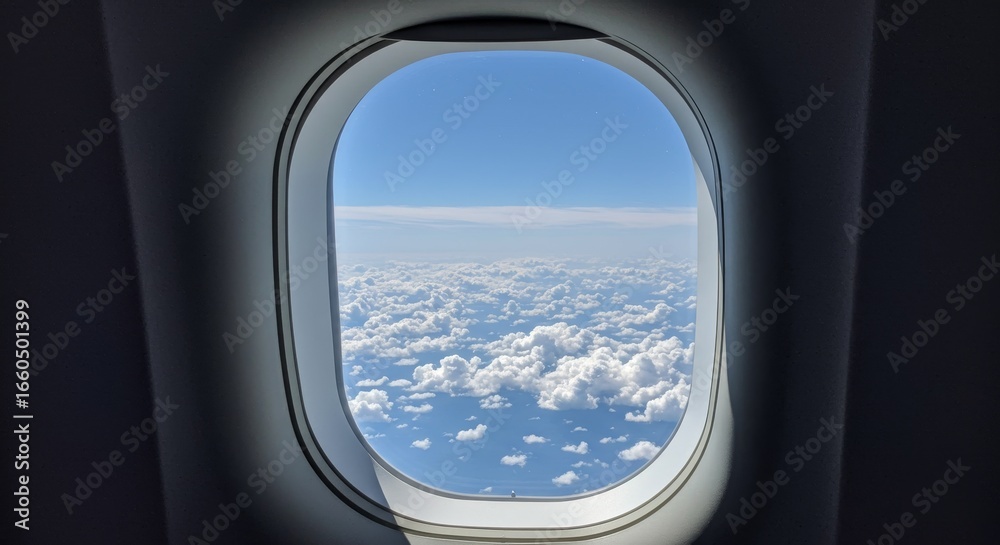 High-Altitude View Through Airplane Window, Sunny Day, Cloudscape. High-Altitude View Through Airplane Window, Sunny Day, Cloudscape.