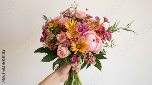 Hand holding colorful flower bouquet with roses, daisies, and peonies against a light background