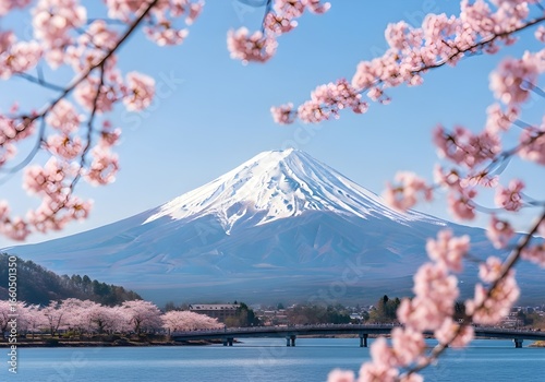 Iconic mount fuji in spring surrounded by blooming cherry blossoms and a tranquil lake