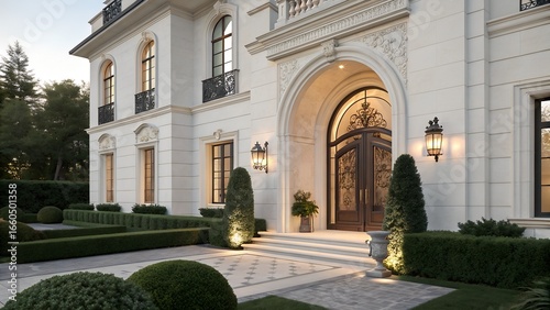 Elegant european style mansion exterior with ornate entryway and lush landscaping in a bright daylight setting