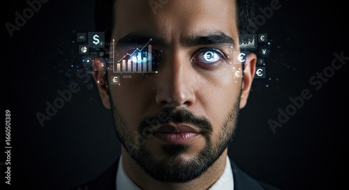 Man with currency symbols and charts near his head and in his eye