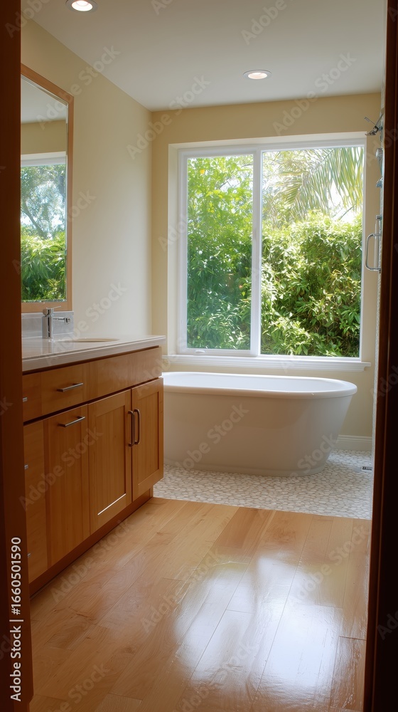 Fototapeta premium A serene and luxurious bathroom space features a large window with a view, inviting natural light and a sense of spaciousness.