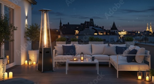 Rooftop patio at night with heater candles and city view
