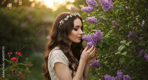 Woman smelling purple flowers with a flower crown and fair skin in a garden setting