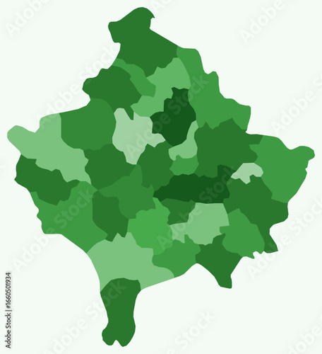 Map of Kosovo with regions. Just a simple country border map with region division. Green color palette. Plain Kosovo shape with administrative division. Vector illustration.