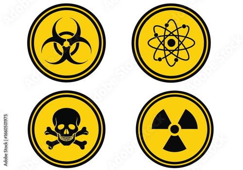 Vector art of set of four yellow and black warning hazard symbols including biohazard, atom, skull and crossbones, and radiation