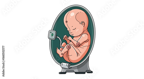 Futuristic depiction of a robot fetus in artificial womb technology