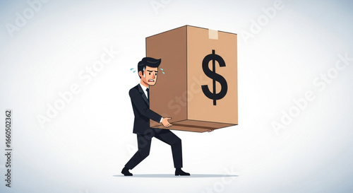 Businessman carrying a heavy box marked with a dollar symbol.