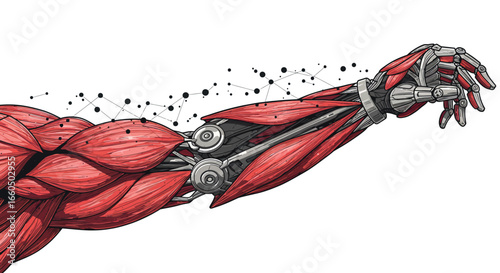 Futuristic arm with biomechanical muscle fibers and robotic elements in detailed art