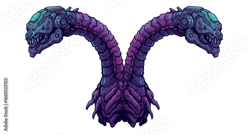 Futuristic two-headed robotic dragon with purple and blue metallic armor