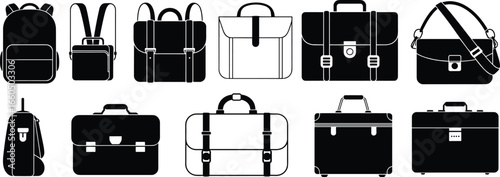 Bag silhouette vector illustration set, twelve unique black and white designs featuring backpacks, briefcases, satchels, and duffel bags for fashion, travel, and accessory themes