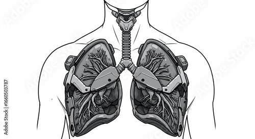 Futuristic biomechanical lungs with intricate circuitry in black and white