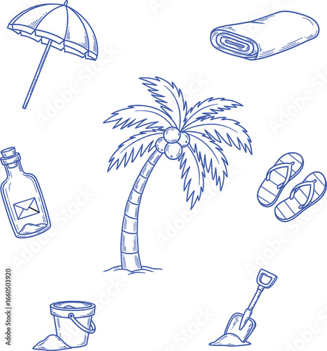 Charming doodle art collection of beach essentials including a palm tree, umbrella, towel, bucket, flip-flops, and more