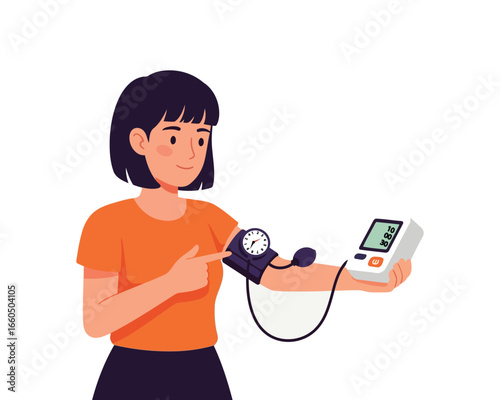 Woman Measuring Her Blood Pressure - Cartoon Vector Illustration