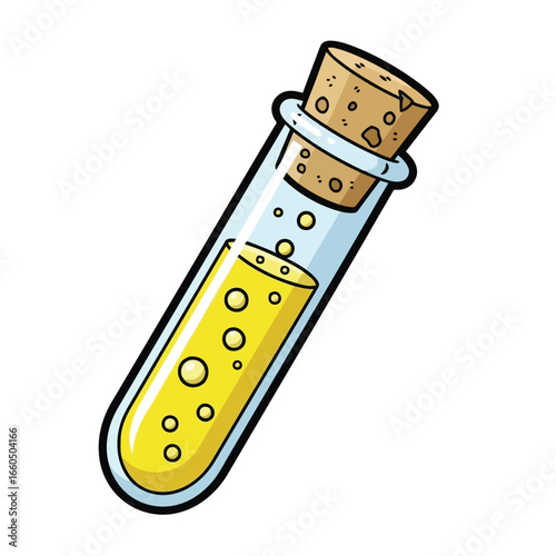 Vector art of cartoon illustration of a glass test tube filled with yellow liquid and bubbles, cork stopper