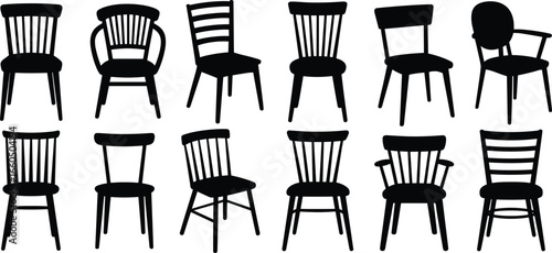 Chair silhouette illustration collection, twelve black furniture designs showcasing various styles and shapes, detailed vector art for interior, seating, decor, ergonomic, vintage, modern themes