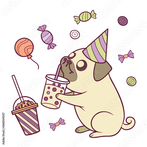 Whimsical Pug feeling Happy in a Birthday setting with with a bubble tea – colored in Candy Shop