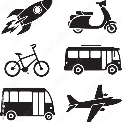 Diverse modes of transportation including a rocket, scooter, bicycle, bus, and airplane, representing various travel options isolated on white background