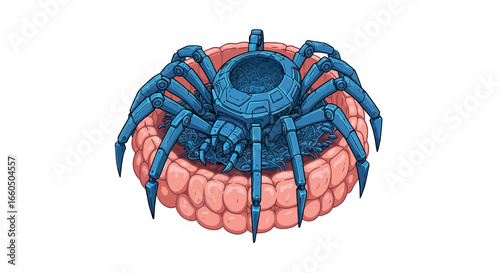 Cybernetic spider robot intertwined with human brain in futuristic concept art