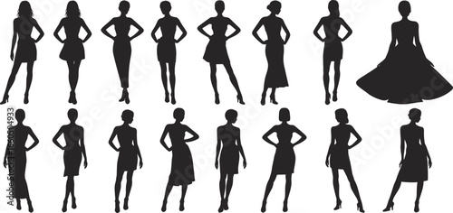 Female fashion silhouettes, sixteen elegant women in diverse dress styles and poses, black vector illustration for clothing, design, apparel, boutique, runway, couture, style
