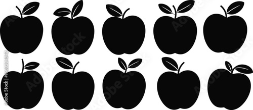Apple fruit silhouettes, ten identical shapes with stem and leaves, black vector illustration for food, garden, harvest, healthy eating, fruit, nature, design themes