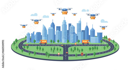 Futuristic drone delivery in modern cityscape with automated transport
