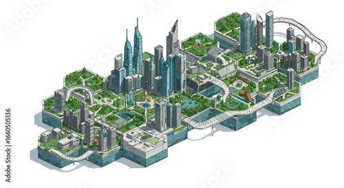 Futuristic urban cityscape with green spaces and skyscrapers in isometric style