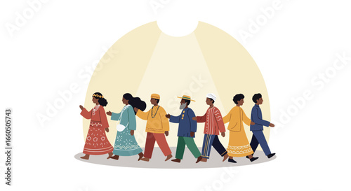 Diverse cultural group in traditional clothing walking together