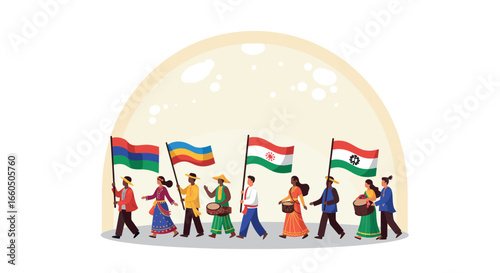 Diverse people marching with flags in vibrant traditional outfits